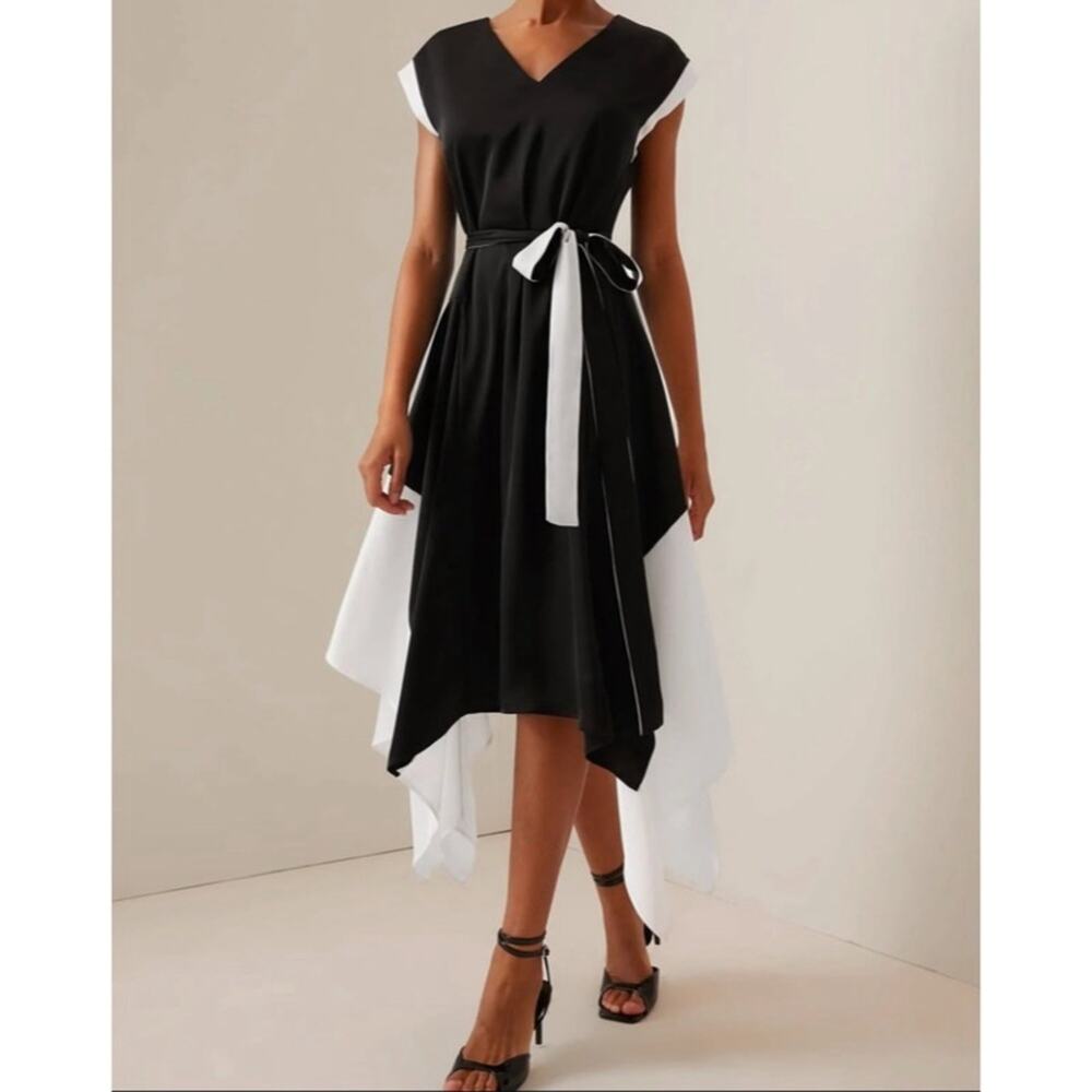 NWT FEHAUTE Black V Neck Short Sleeve‎ Tie Waist A-Line Midi Dress Womens Size S